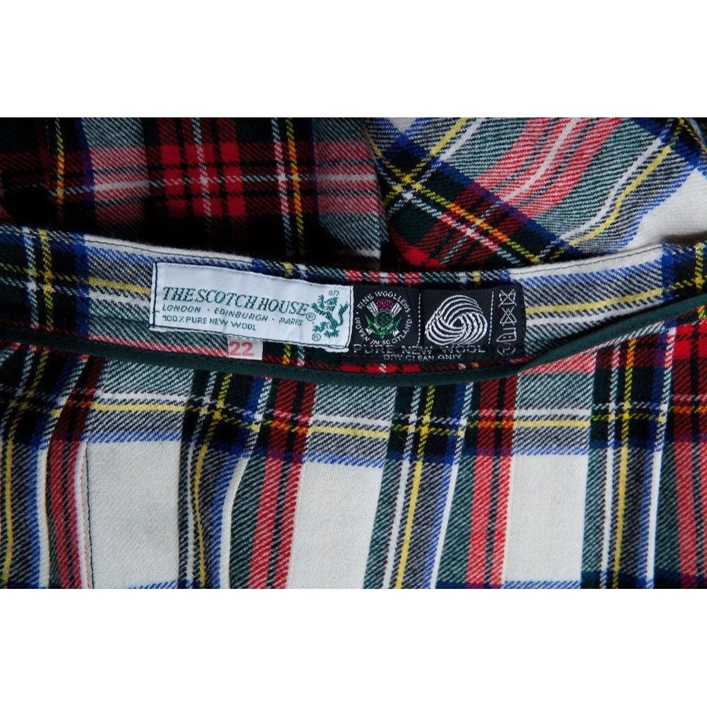 Vintage 1970's The Scotch House Plaid Wool Kilt Skirt White Red Blue Plaid Skirt Black Leather Straps Made In Scotland Small