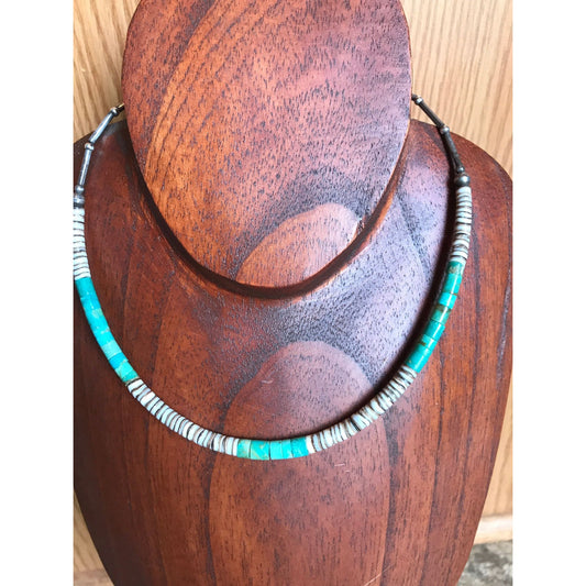 Vtg Heishi Necklace Shell Disc & Turquoise Beads With Sterling Silver Ball And Tubes Towards The Clasp