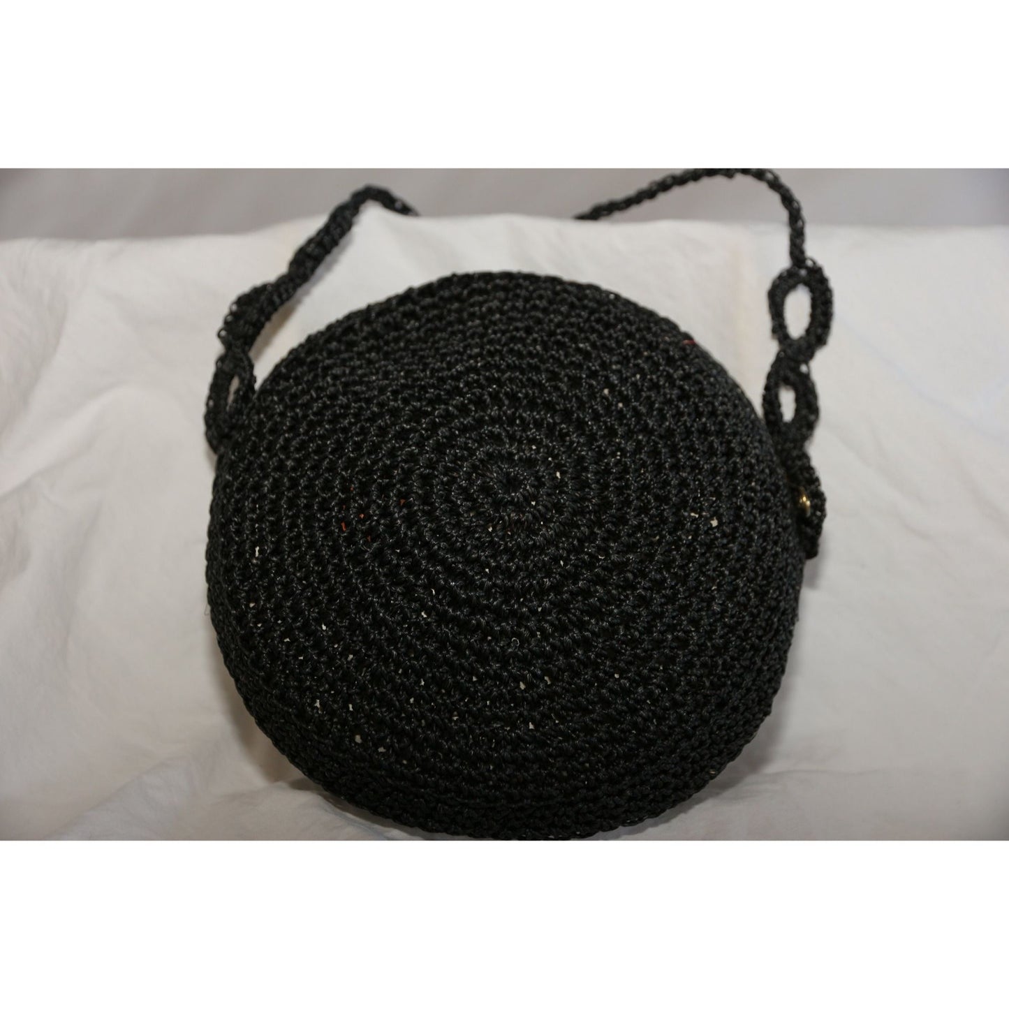 Vintage 1960's Crochet Round Purse Shoulder Crossbody Bag Black Handmade Zipper Closure