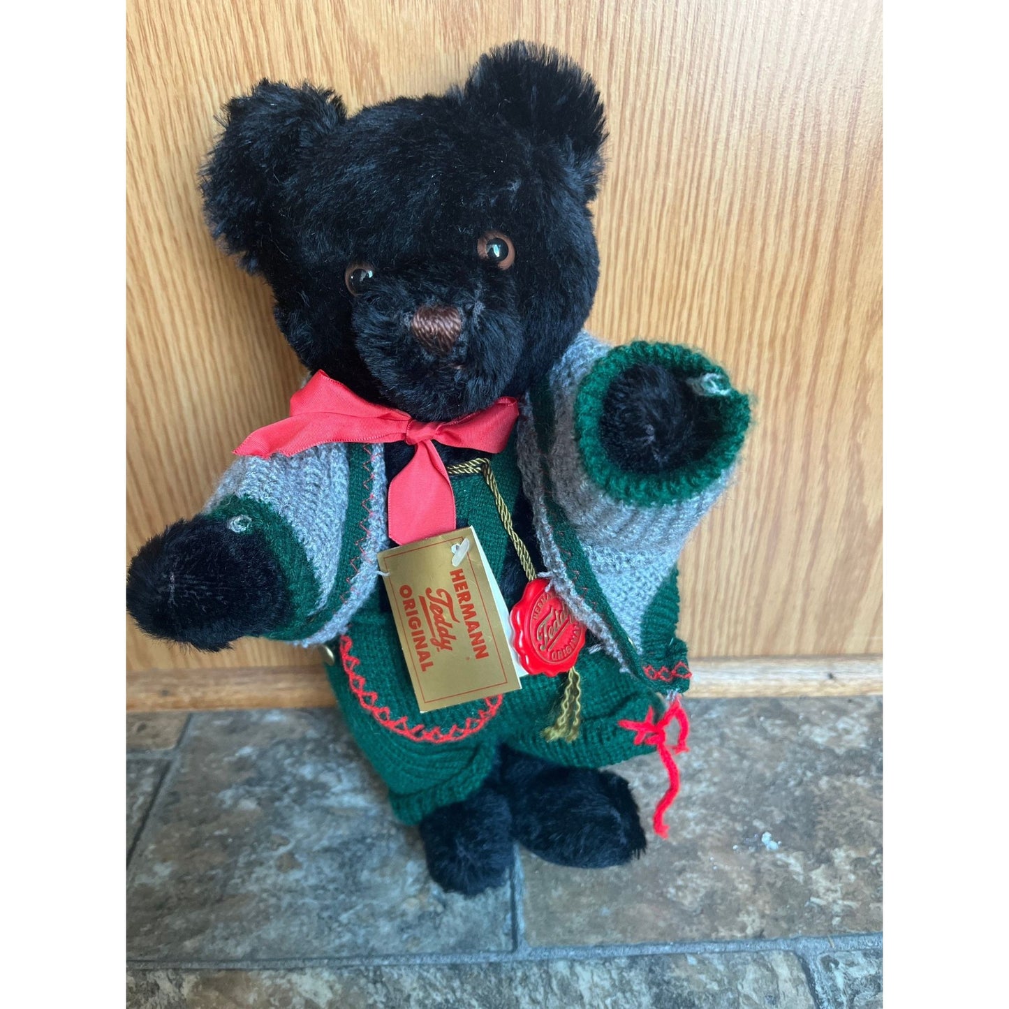 Vintage Hermann Teddy Original Black Mohair Growler West Germany Lederhosen & Jacket 166306 NWT