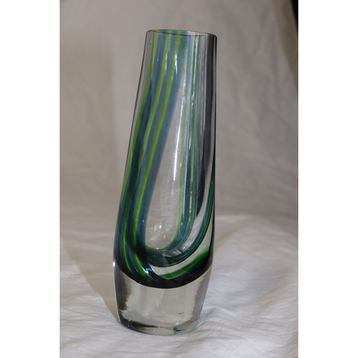 Vintage 1960's Murano Blue Green Glass Vase Clear Base Flower Bud Vase