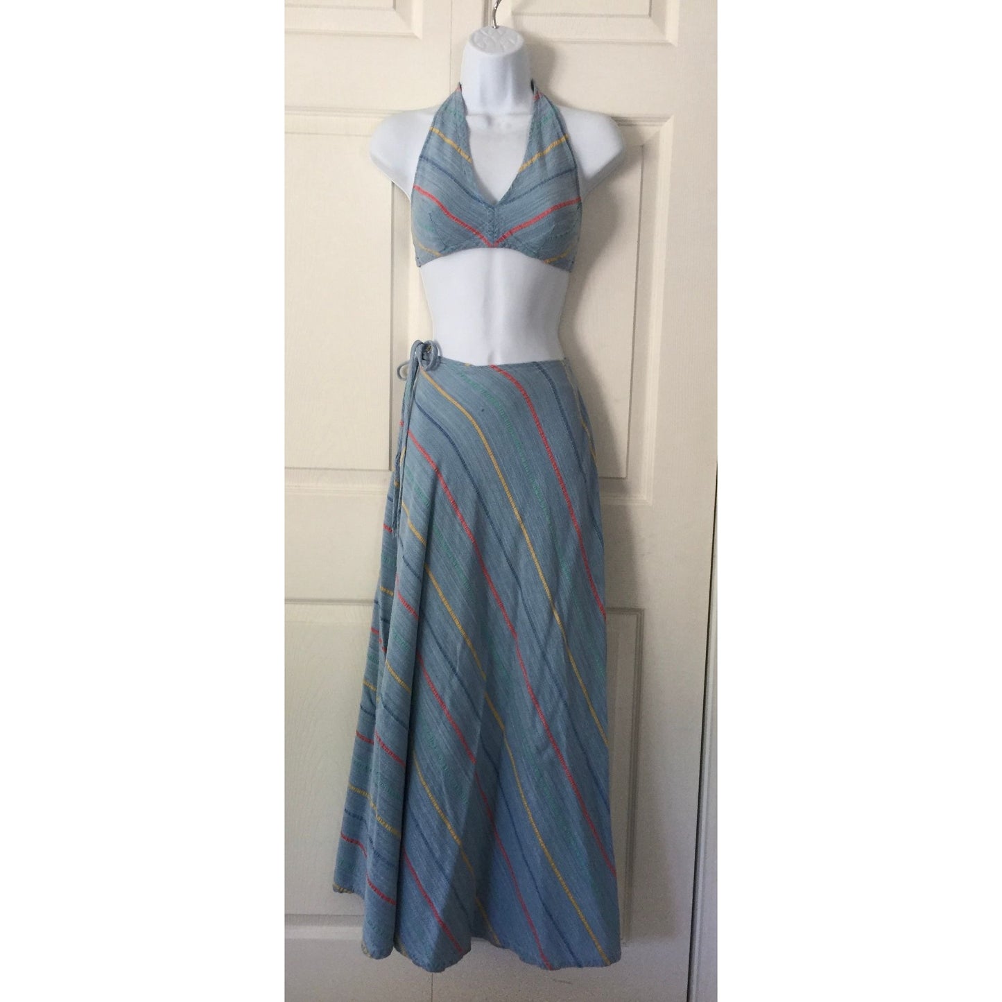 Vtg 1973  Mykonos Greece Handmade Hand Dyed Wide Maxi Swing Wrap Around Skirt With Two Matching Halter Tops Size S Blue With Stripes