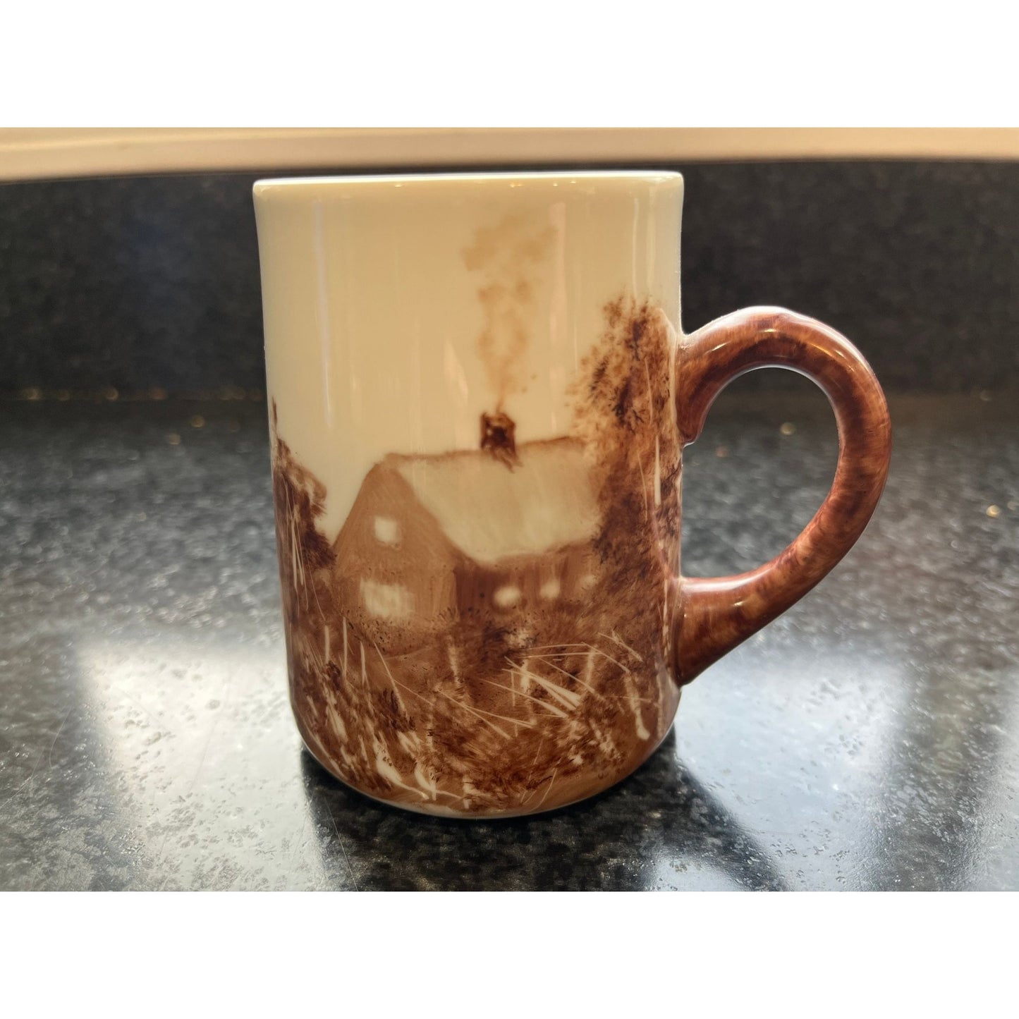 Vintage 1970's Coffee Tea Hand Painted Ceramic Mug By Martha Morey Signed By Artist Brown Country Side Scene