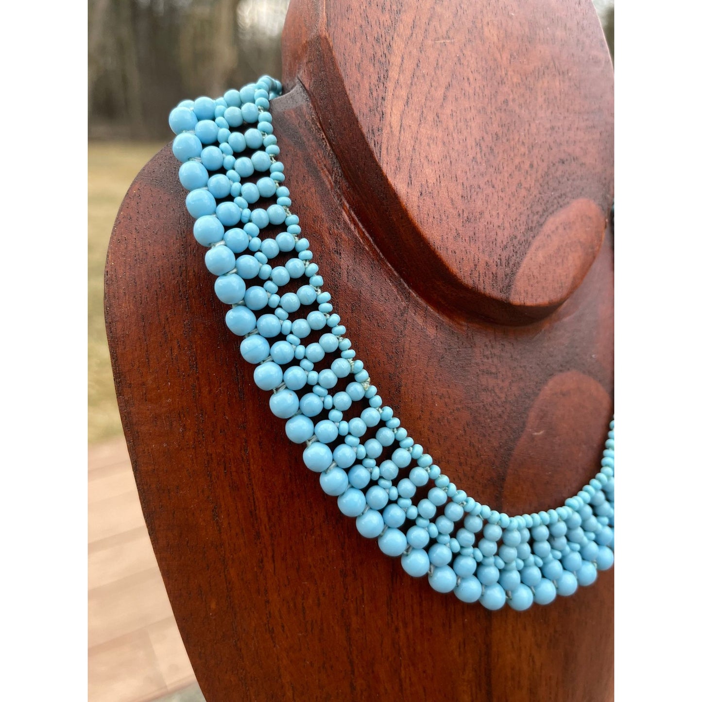 Vintage 1940's Handmade Egg Shell Blue Beaded Collar Necklace Woven Various Size Beads Lovely Clasp