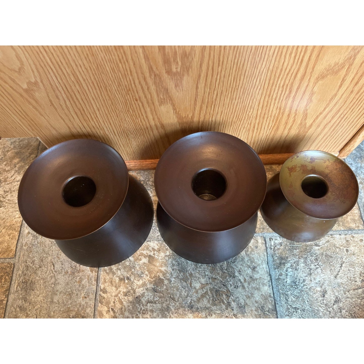 Vtg 1970's Set Of 3 Large Brown Metal TAG LTD Candle Holders Made In India Modern Mid Century