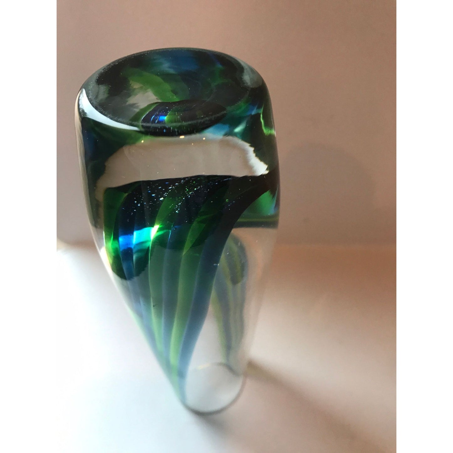 Vintage 1960's Murano Blue Green Glass Vase Clear Base Flower Bud Vase