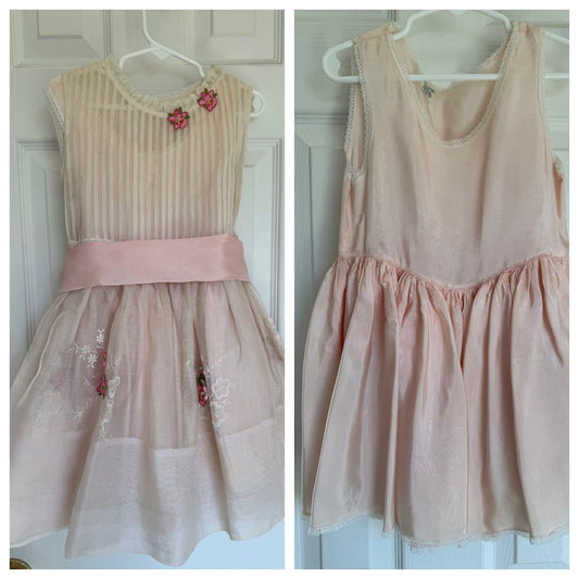 Vintage 1950’s Henri Bendel Girl’s Party Dress In Pink Organza With Wide Sash Size 4 Pleated Front Bodice Full Slip Included