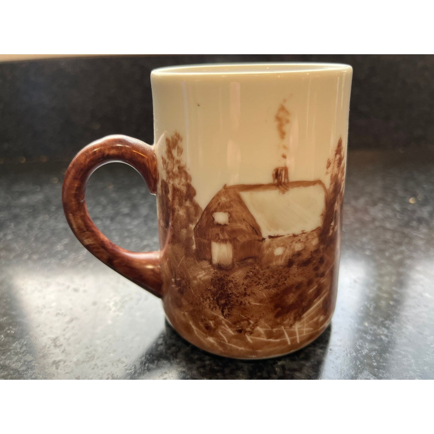 Vintage 1970's Coffee Tea Hand Painted Ceramic Mug By Martha Morey Signed By Artist Brown Country Side Scene