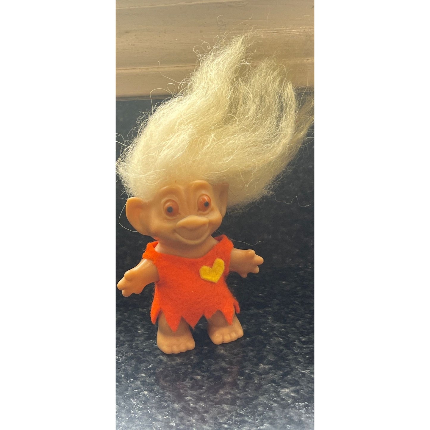 Vtg 1960's Rootie Tab Neck 3” Troll Doll with White Hair and Bulgy Orange Eyes Handmade Orange Dress With Heart