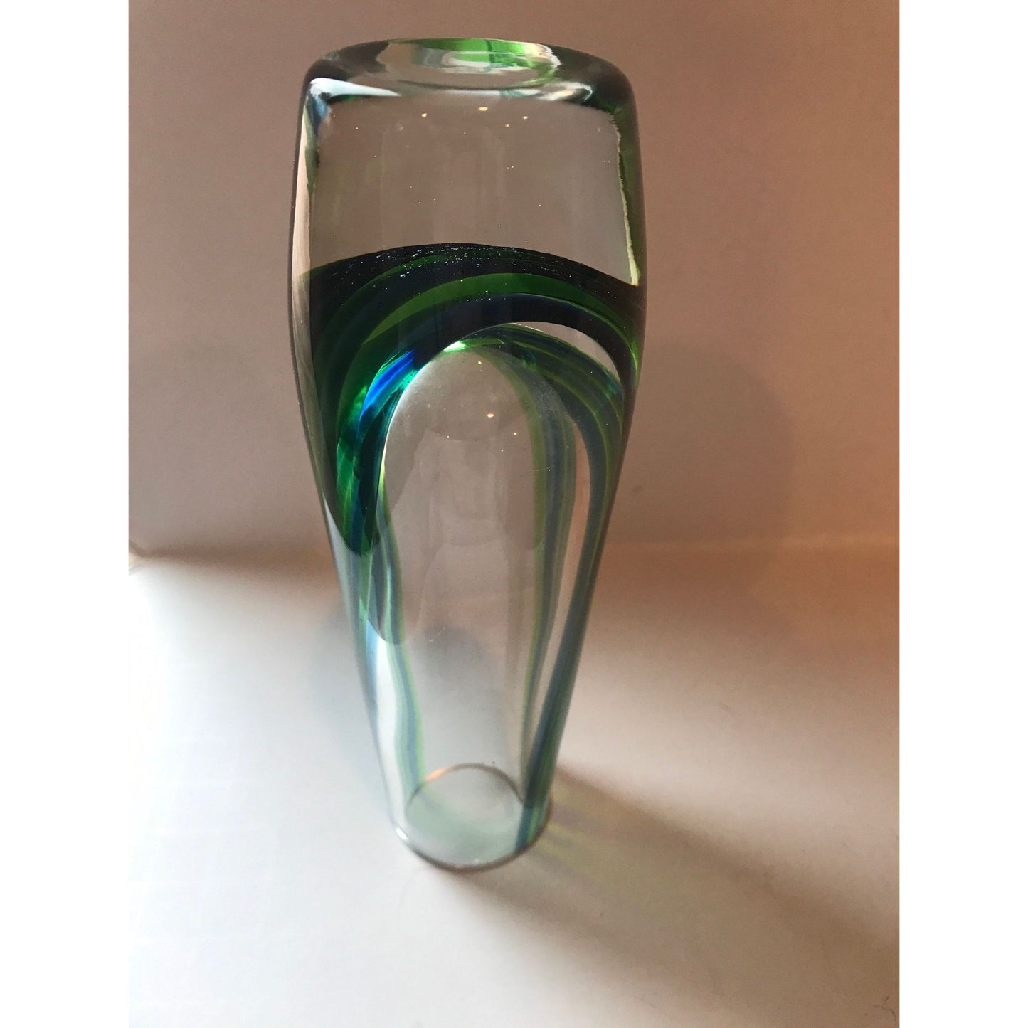 Vintage 1960's Murano Blue Green Glass Vase Clear Base Flower Bud Vase