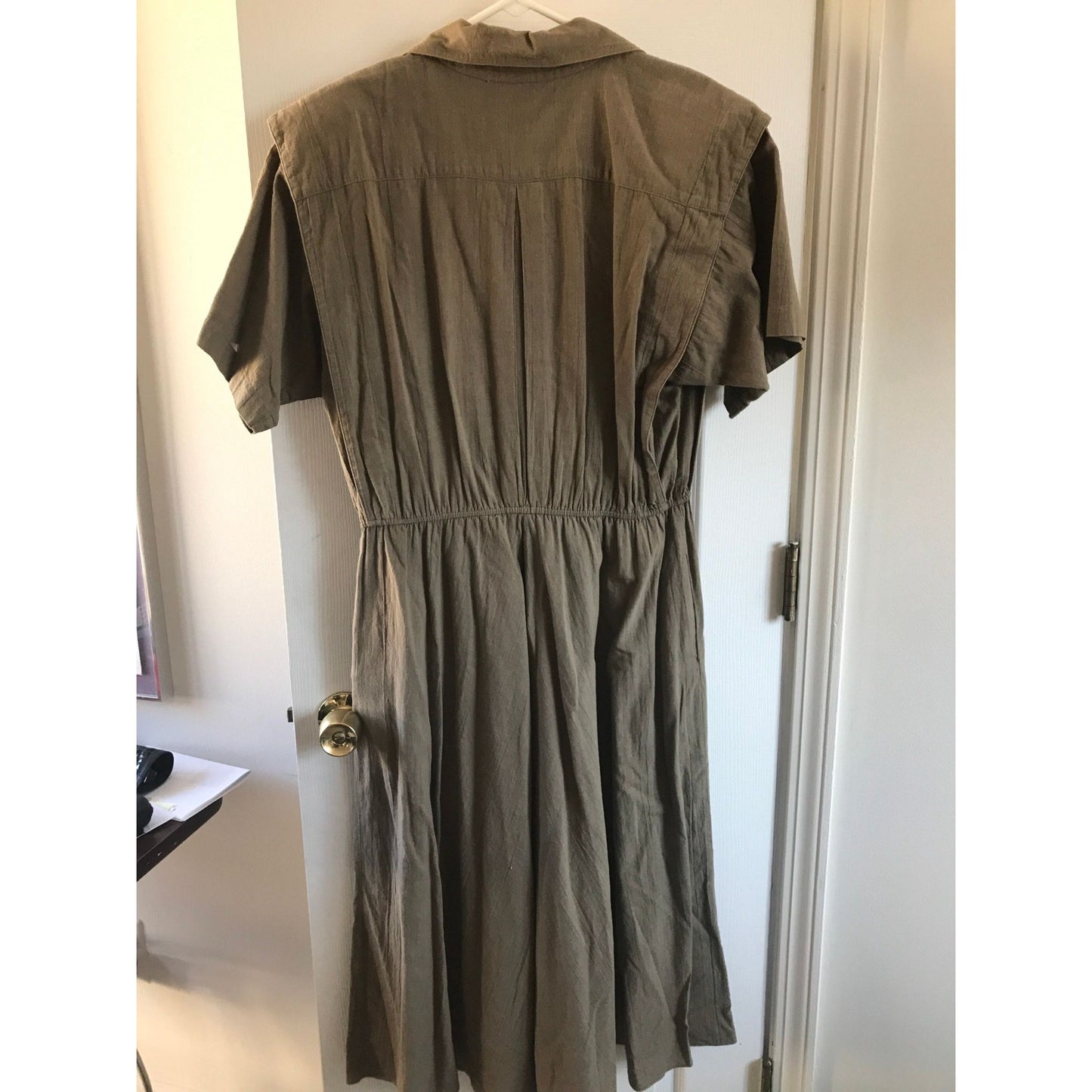 Vintage 1960's George Georgiou II Khaki Cotton Dress L Made In Cyprus 100% Cotton Shoulder Pads