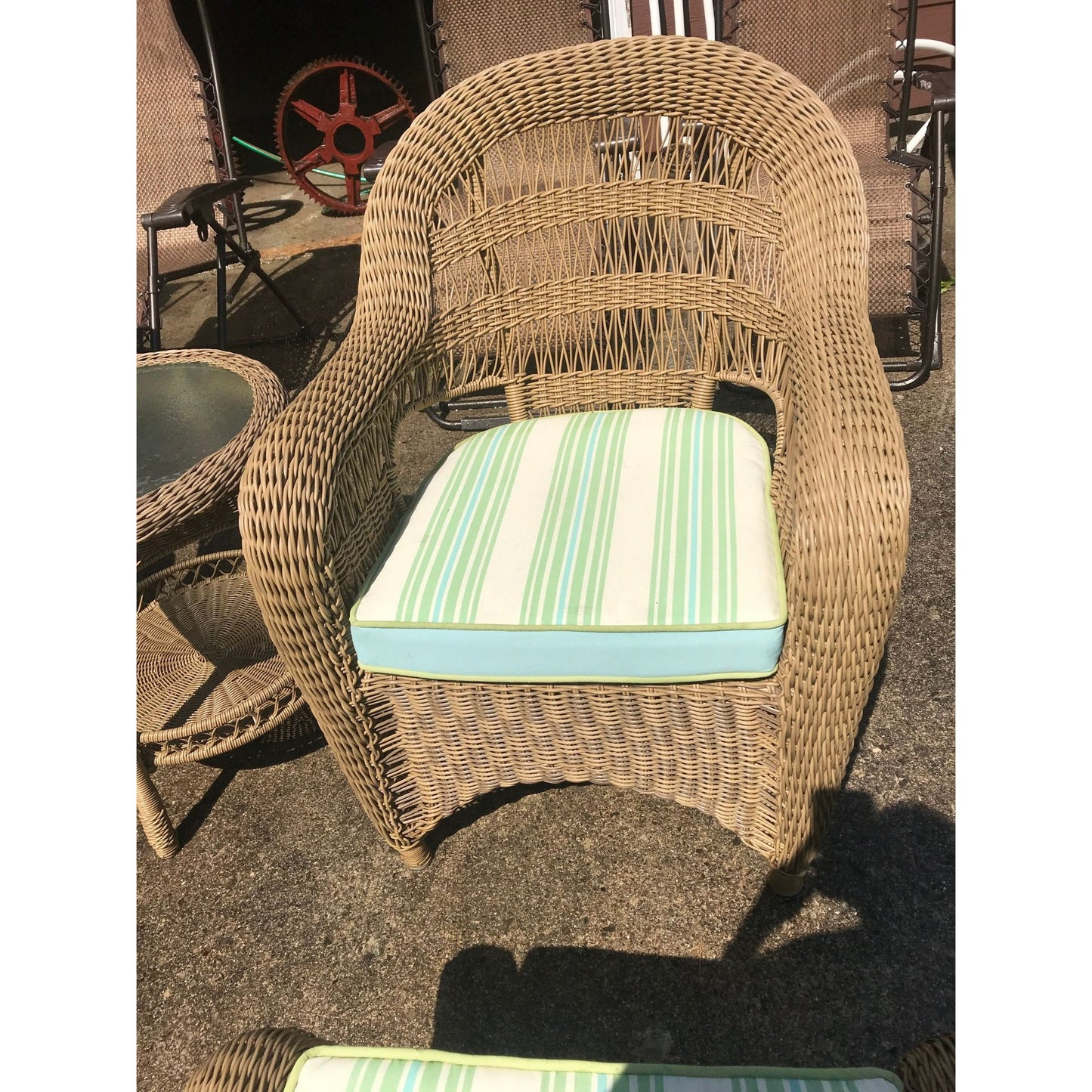 Vintage 5 Piece Rattan Patio Set With Cushions By Grand Basket Company 2 Arm Chairs 2 Ottomans 1 Table & Cushions