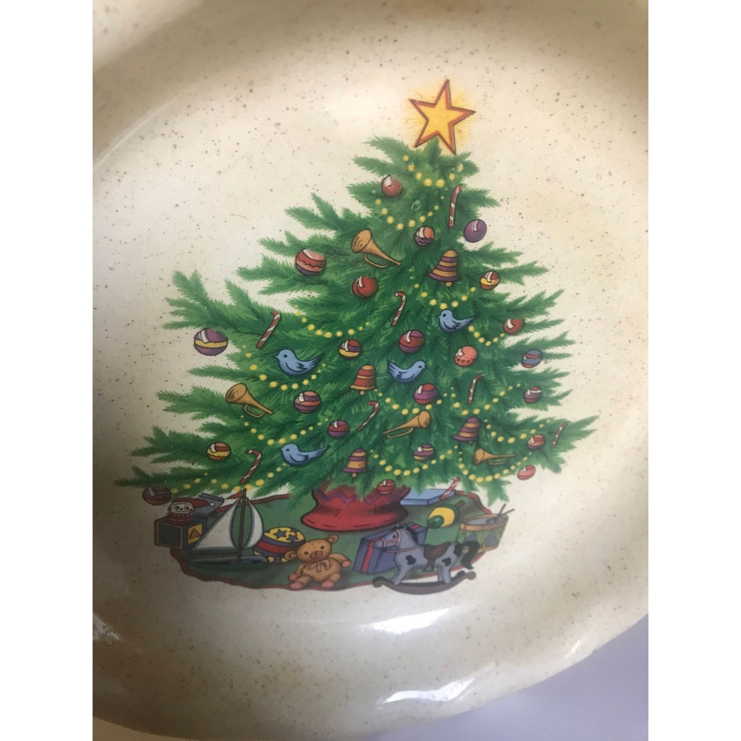 Vtg Christmas Tree With Toys Pie Tart Ceramic Dish Handmade 10" One Of A Kind Serving Piece