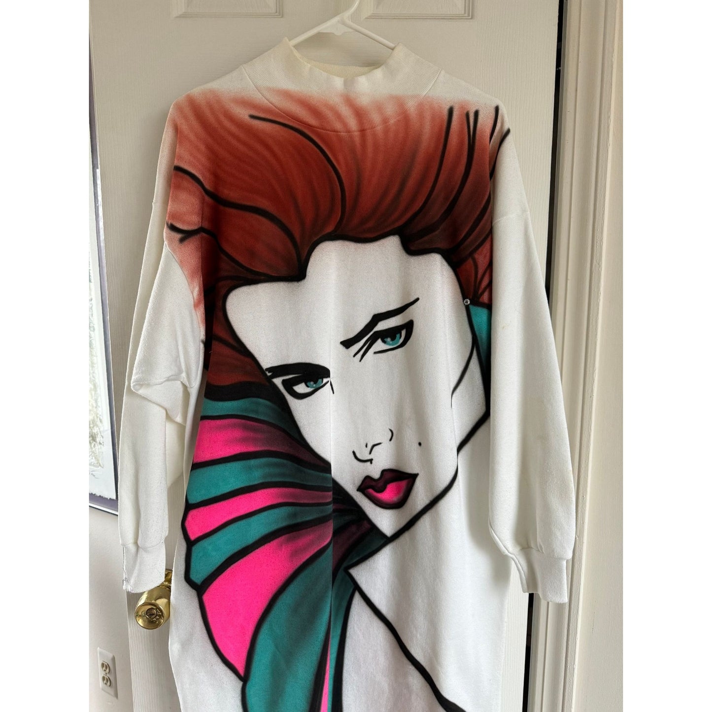 Vintage 1980's Hand Painted Sweat Shirt Dress Vamp Women With Diamond Signed Stephen Webb Exquisite Hand Made One of A Kind Dress