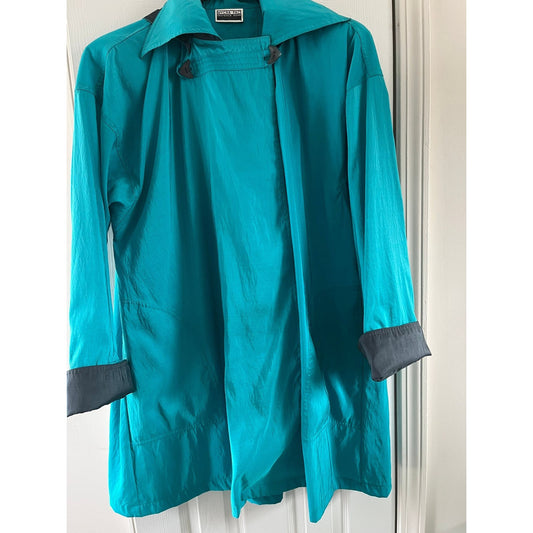 Vtg MYCRA PAC Designer Wear Raincoat Coat Hooded Turquoise & Black Teflon Fabric Protector San Francisco Size 7