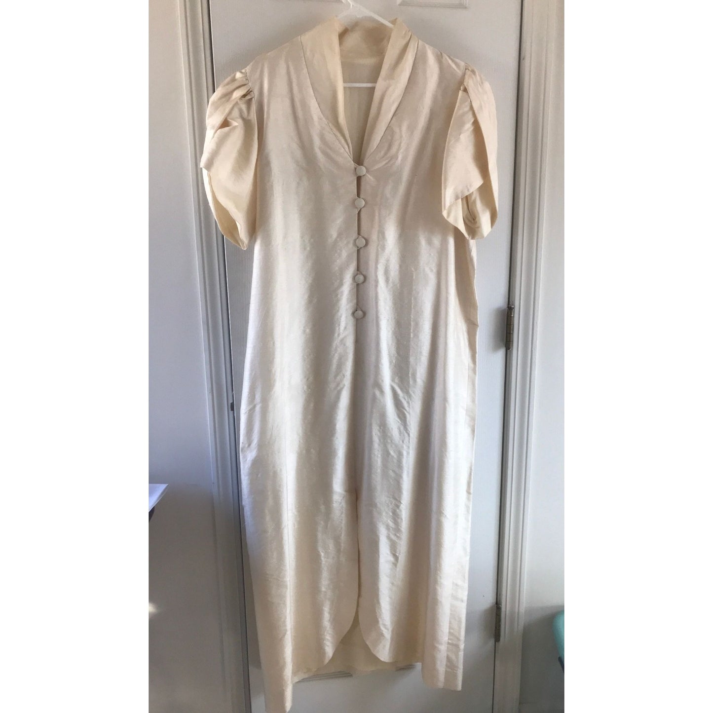 Vtg Tulip 1980’s Women’s Formal Mother Of The Bride Dress Raw Silk Handmade Ivory Front Button Closure L