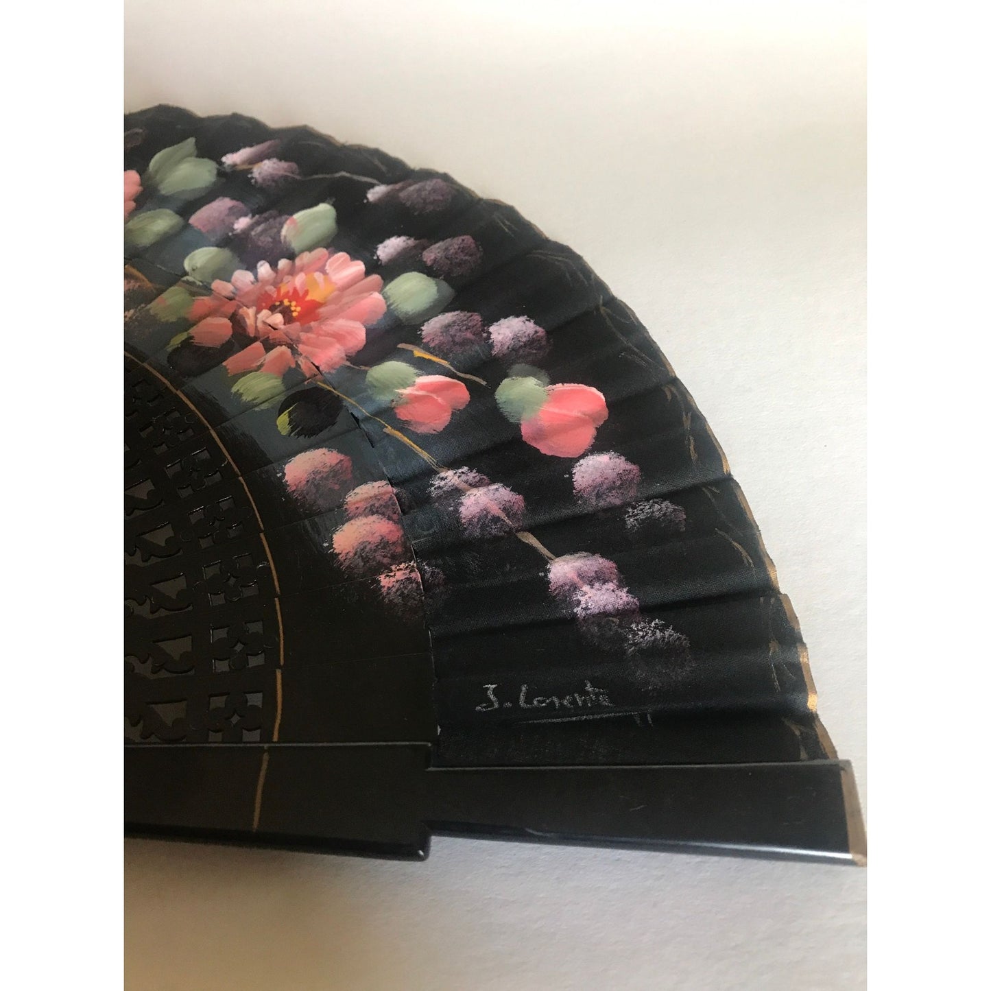 Vintage Hand Held Silk Paper Fan Signed By the Artist Black With Hand Painted Floral  In Oil Paint