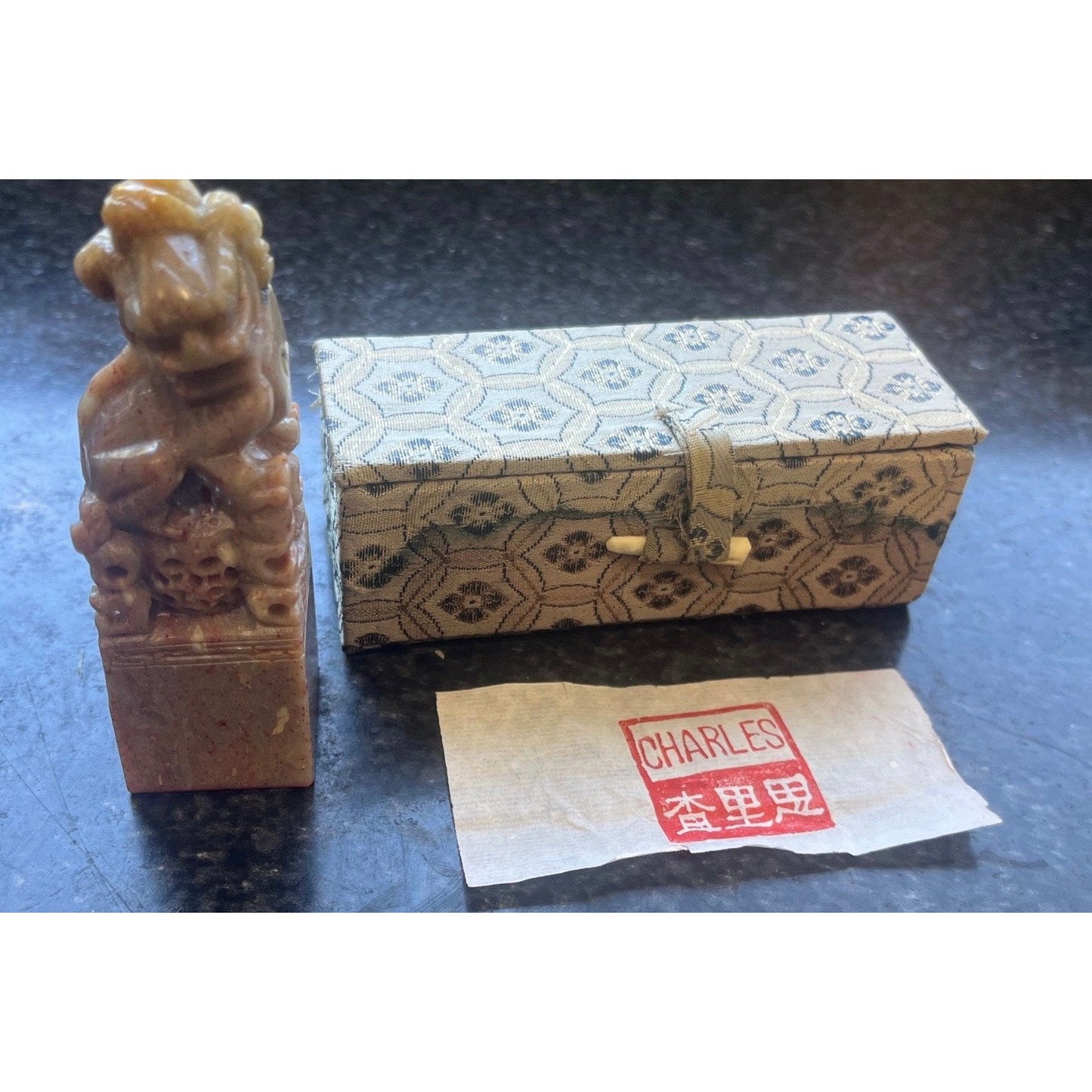 Vintage Chinese Foo Dog Seal Chop Stamp "CHARLES" Square Hand Carved Rose Gray Marbled Soapstone Sculpture In Original Box