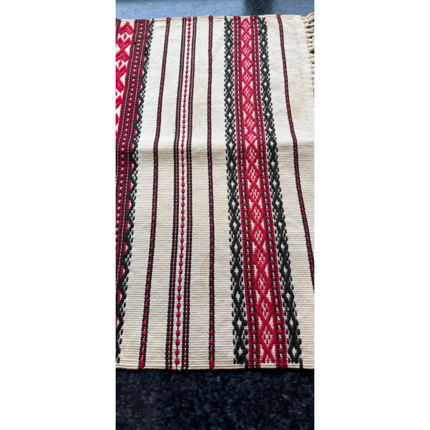 Vtg Handmade Romanian Handwoven Fabric Table Runner White Red Black Classic Romanian Textile Pattern Cotton 18 1/2" x 12"