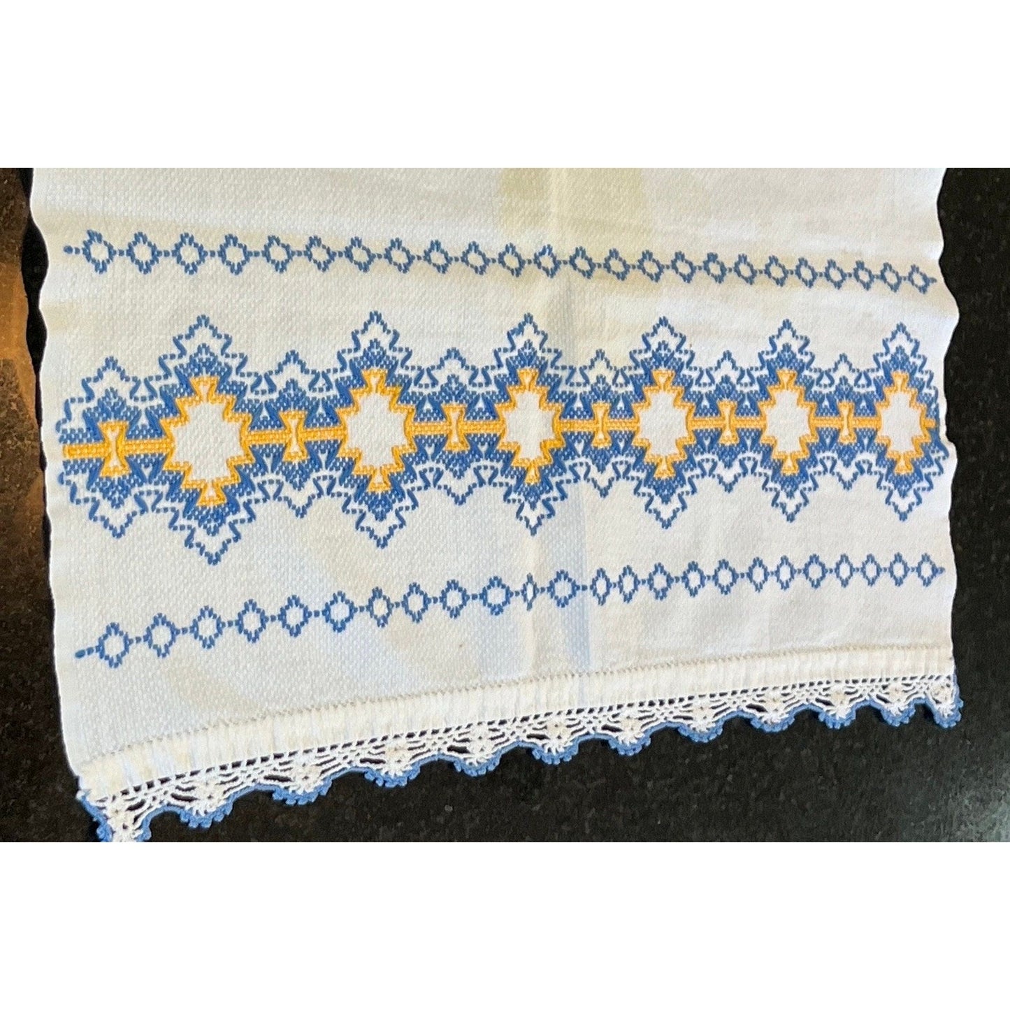 Vtg Handmade Romanian Decorative Table Runner Blue Yellow Hand Embroidered & Crocheted Folk Romanian Textile Intricate Pattern Cotton