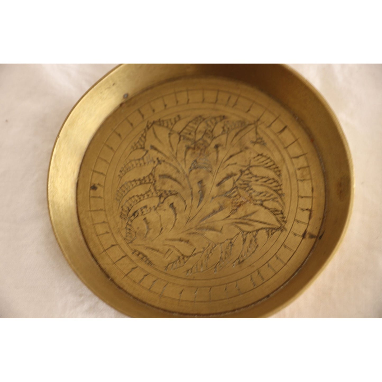 Vintage Round Brass Trinket Dish with Intricate Etched Leaf Fern Design Pattern Made In Pakistan