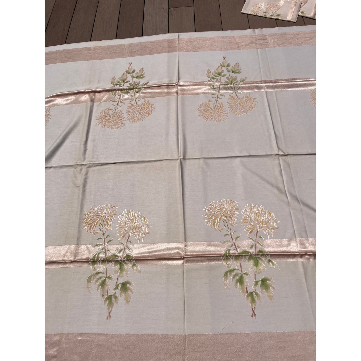 Antique Double Damask Silk Brocade Linen Chrysanthemum Tablecloth Blush Silk Border Green Floral Pattern 58" x 97" + 12 Napkins Handmade