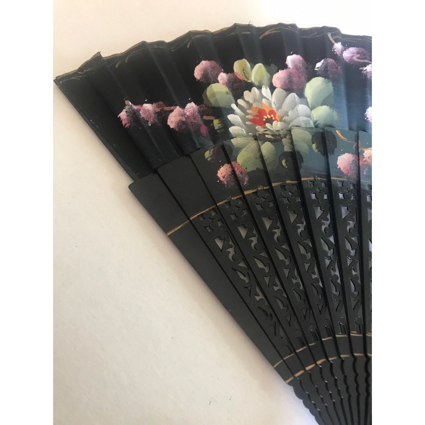 Vintage Hand Held Silk Paper Fan Signed By the Artist Black With Hand Painted Floral  In Oil Paint