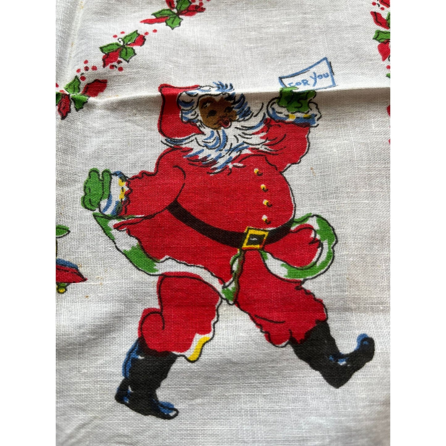 Vtg 1950's Christmas Black Santa "For You" Cotton Handkerchief Santa's Sled With Presents & Holly