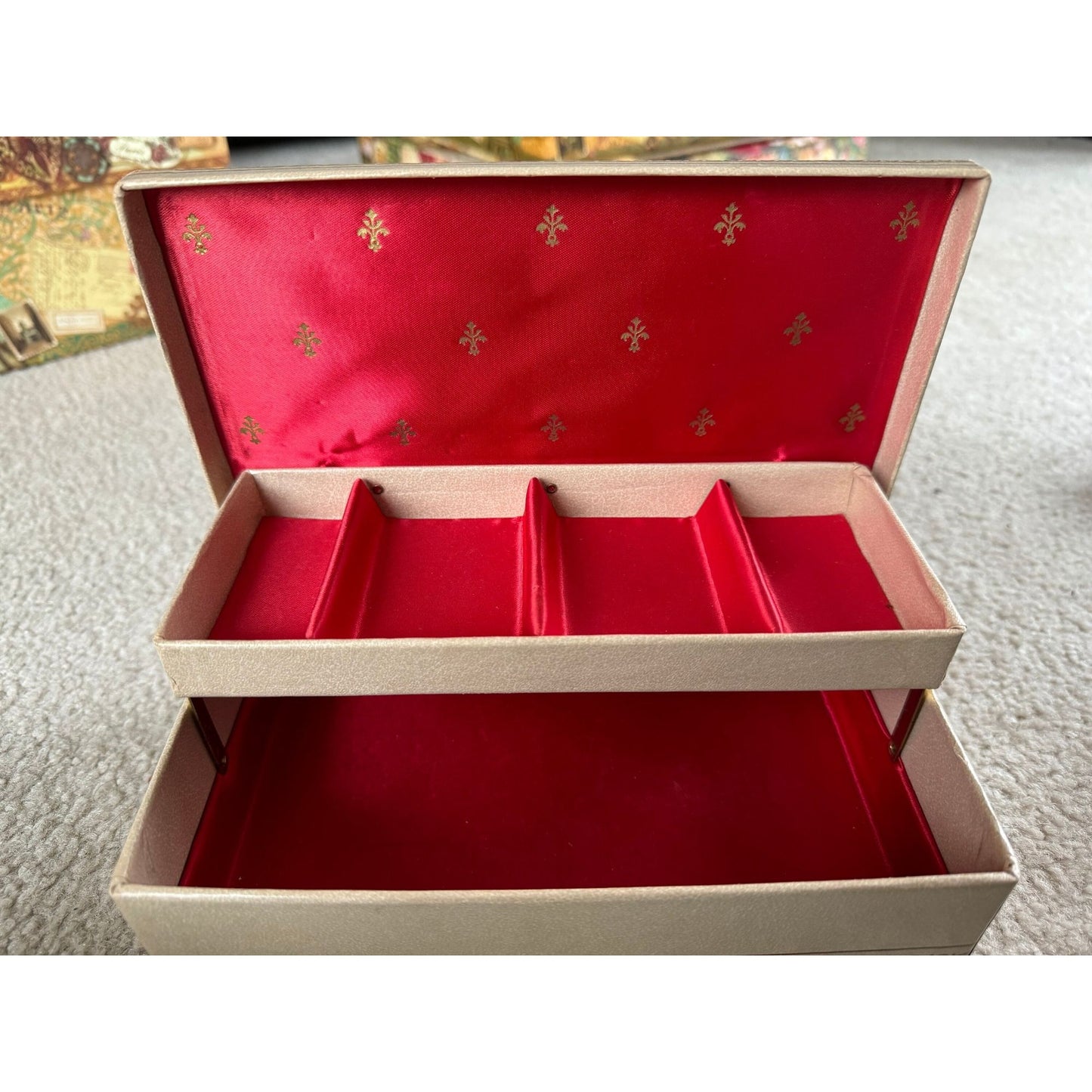 Vintage 1960's Beige And Red Jewelry Box Folds Up Two Sections Mid Century With Red Interior Gold Fleur de Lis