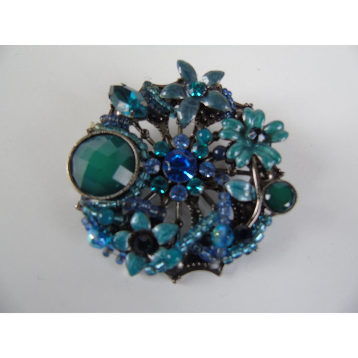 Vintage Blue Green Round Brooch Pin Rhinestones Beads Floral Pattern NWOT Handmade