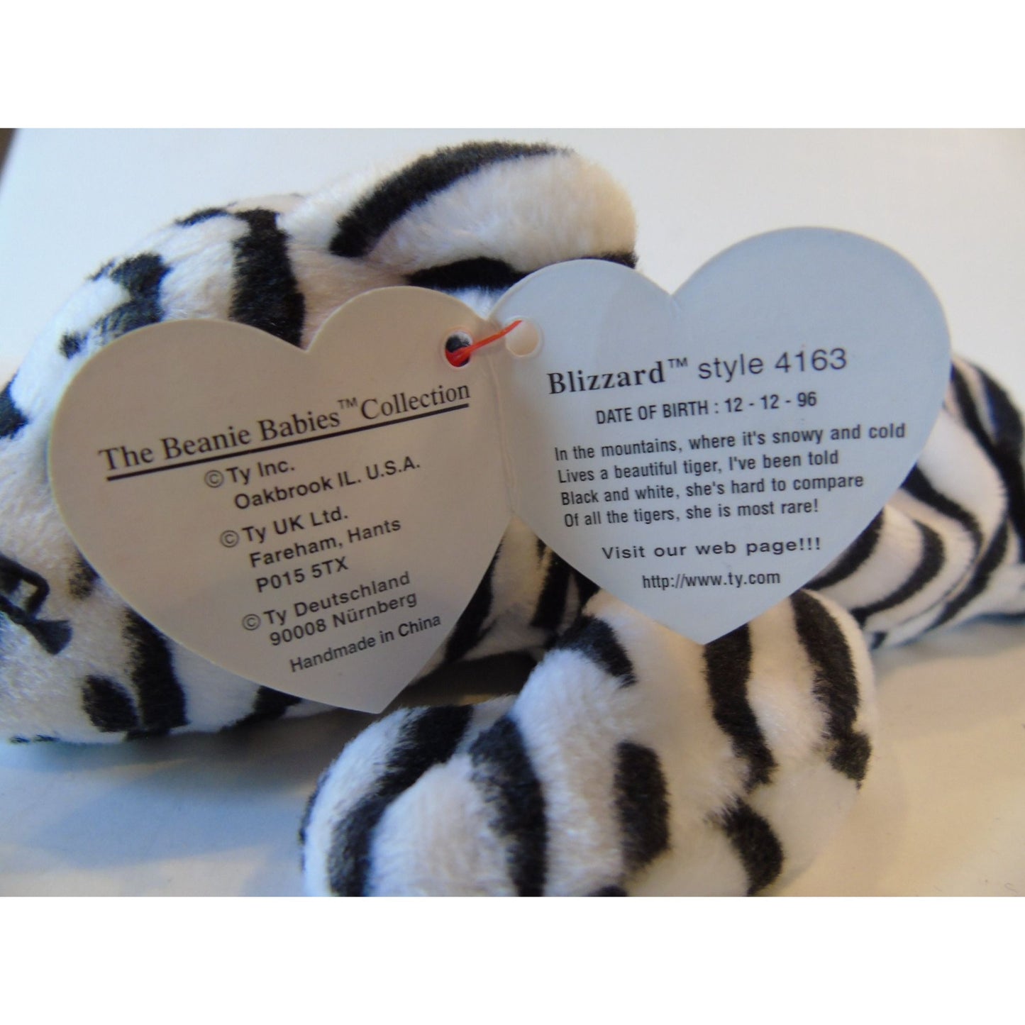 Ty Beanie Babies Blizzard The White Tiger Birth Date 12-12-96 Style No. 4163