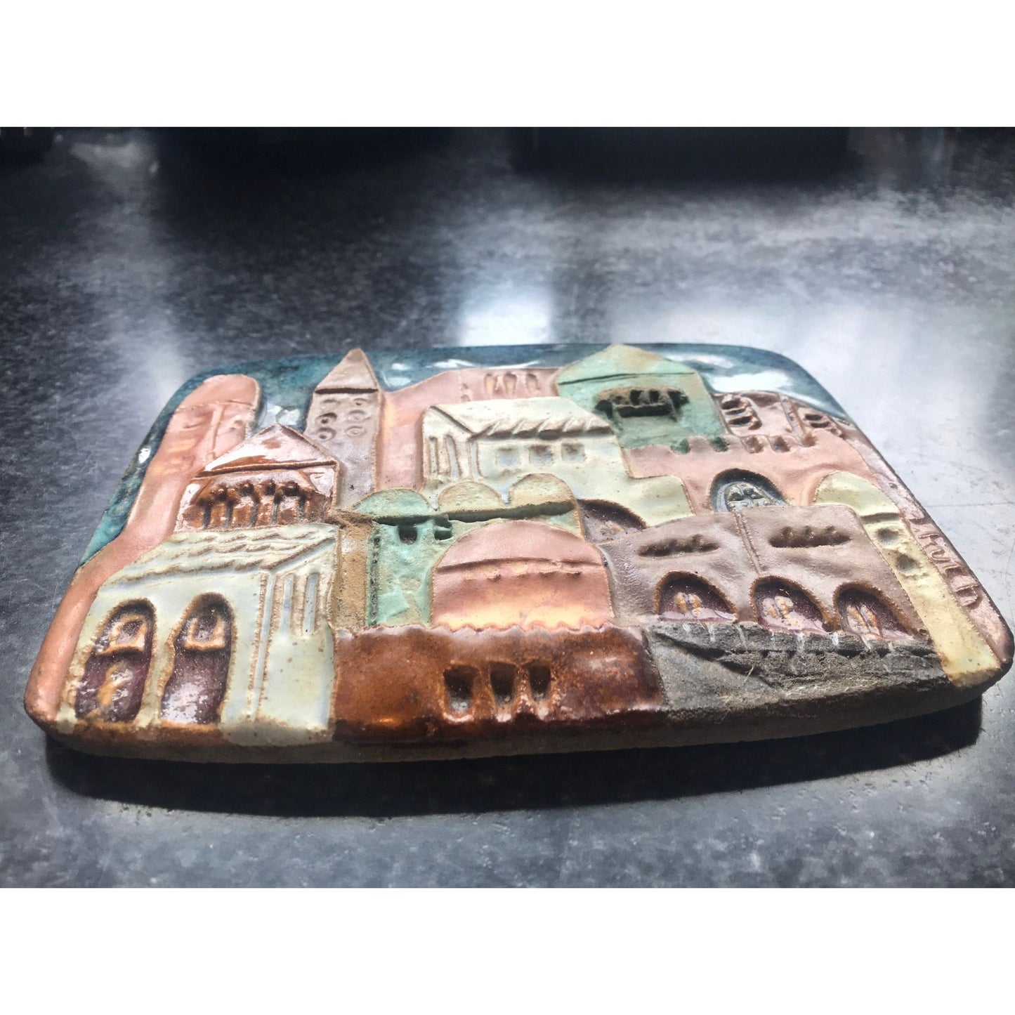 Vtg Handmade glazed ceramic Ruth Factor (Faktorowicz) ceramic tile "The City Of Jerusalem"