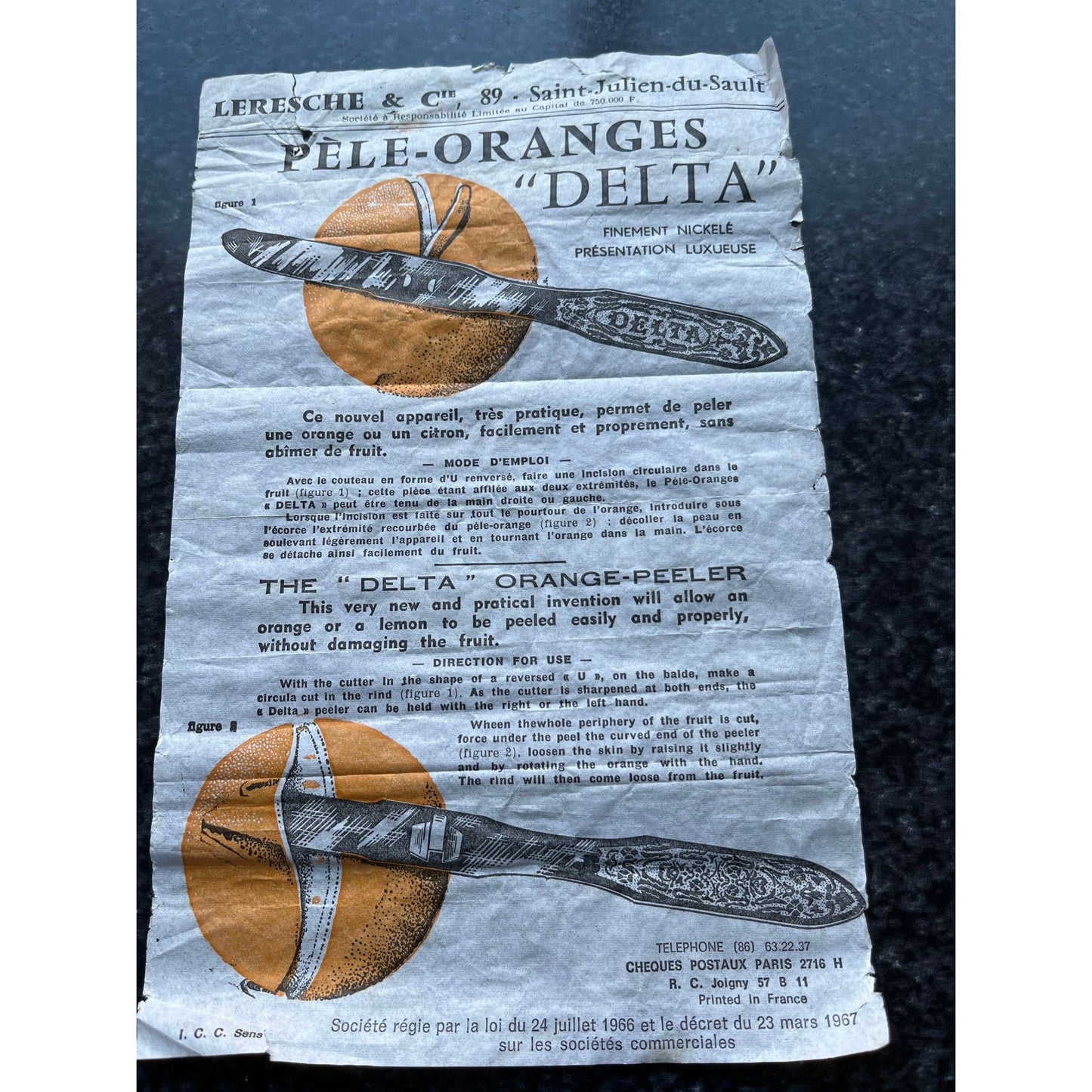 Vtg 1966 Copy Of Original Paper Work The "DELTA" Orange Peeler Made In France Leresche Saint-Julien-du-Sault