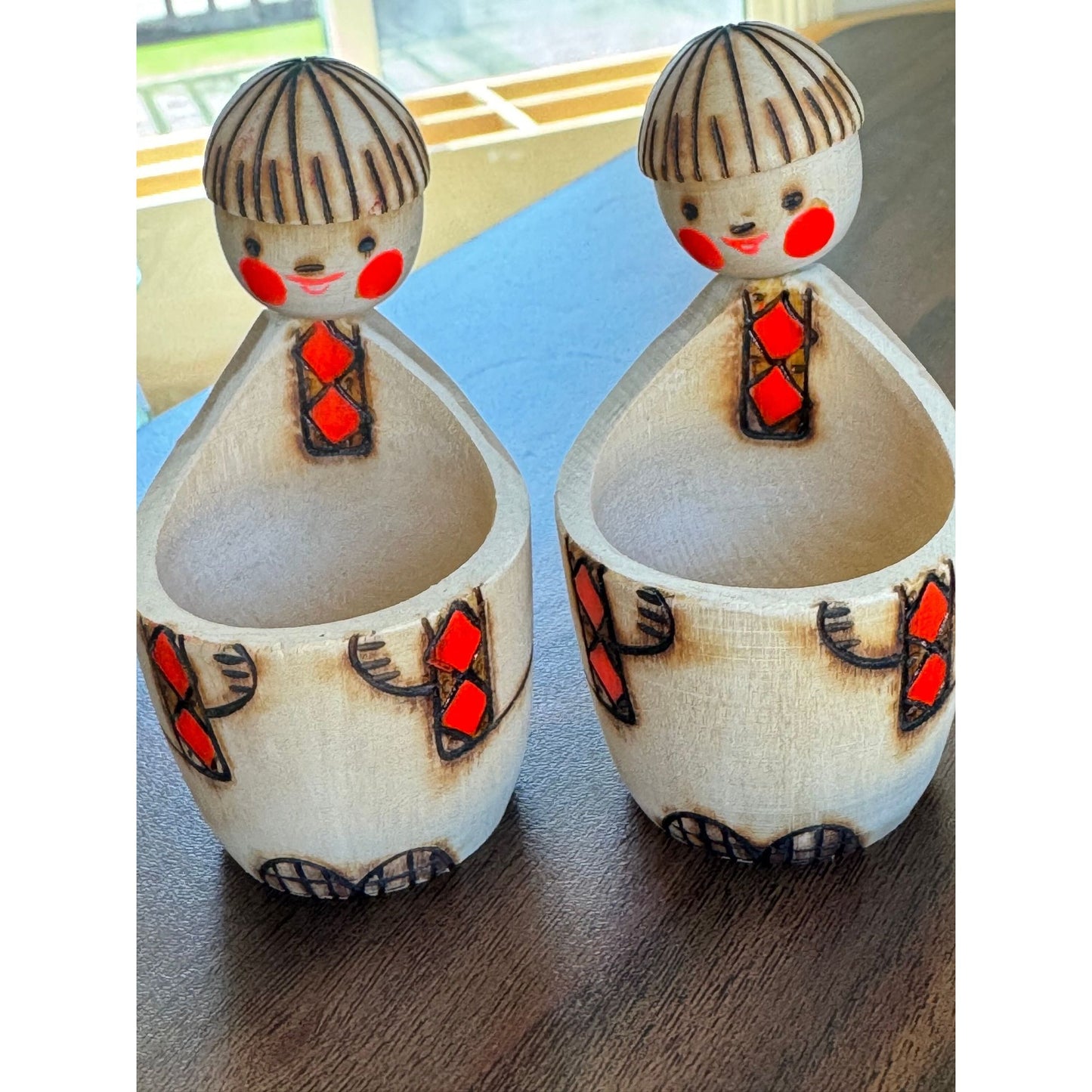 Vintage 1979 Pair of Russian Wooden Folk Art Dolls "Salt Shaker" Original Label Made In USSR Hand Painted