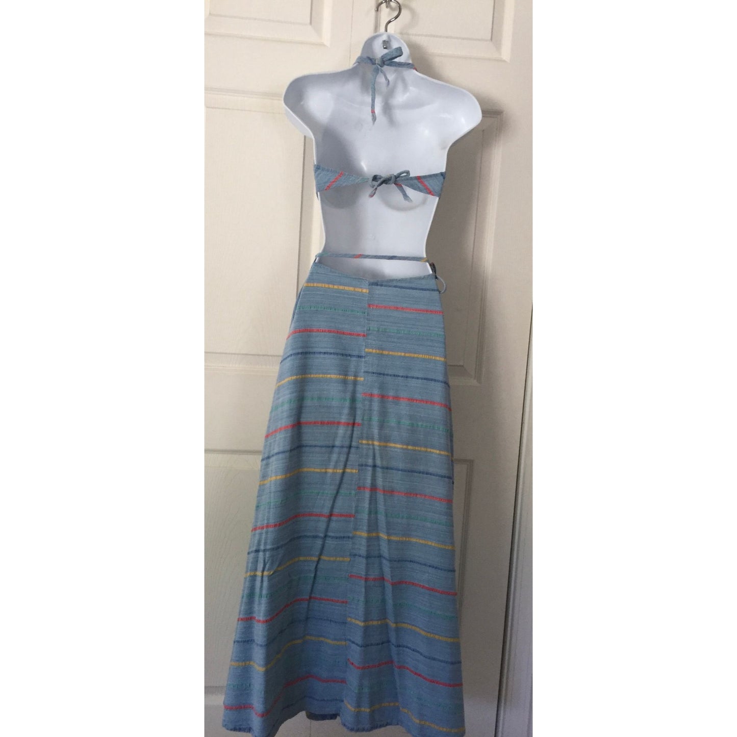 Vtg 1973  Mykonos Greece Handmade Hand Dyed Wide Maxi Swing Wrap Around Skirt With Two Matching Halter Tops Size S Blue With Stripes