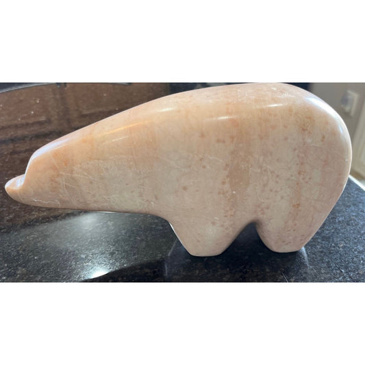 Vintage Handmade Quartz Polar Bear Sculpture Signed By The Artist 7/17/78 Pink Salmon Colored Streaked Marbled Layered Quartz