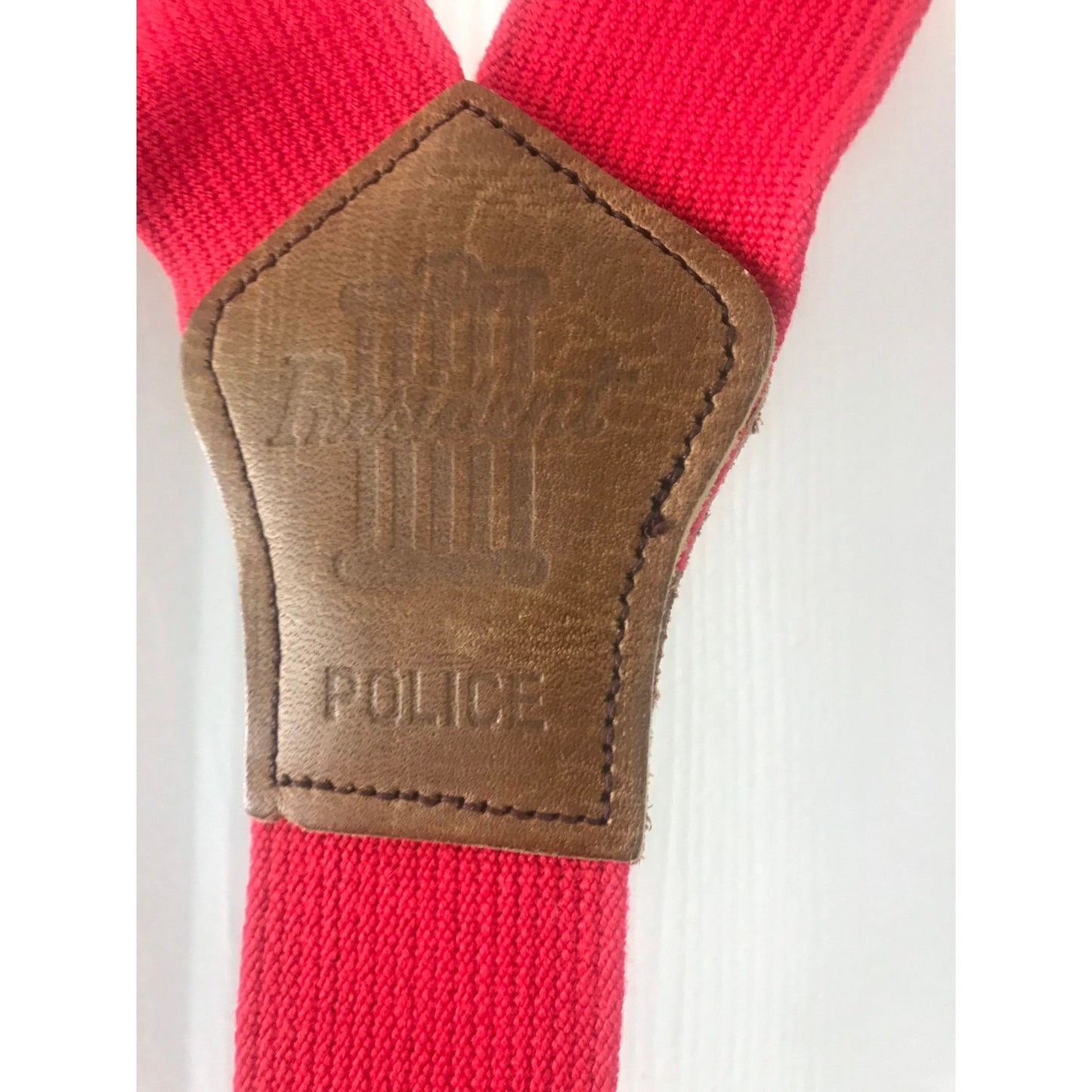 Vintage Very Rare President Co. POLICE Red Button On Suspenders Leather Elastic 1940's