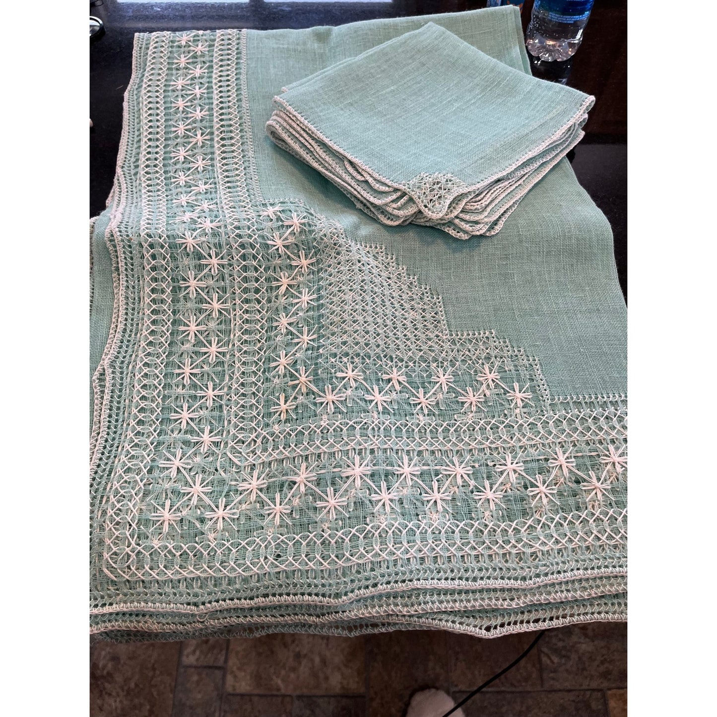 Vtg Linen Large Rectangle Assisi Italy Stitching Sea Foam Green Tablecloth 180" x 270" + 12 Napkins Handmade New