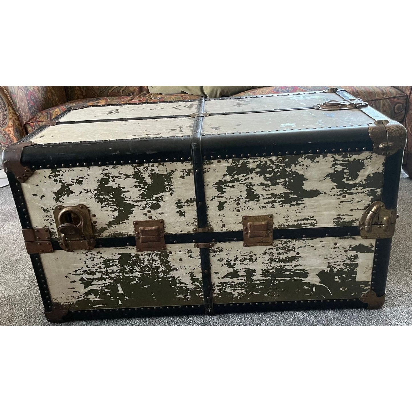 Antique Hartmann Train Ship Steamer Trunk Protective Cushion Top Wardrobe 1900s Original Brocade & Wooden Hangers