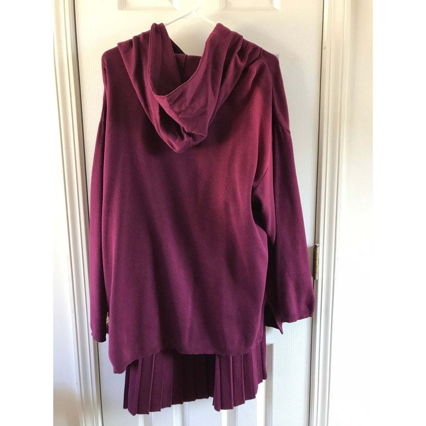 Vtg 1980's J. Peterman 2 Piece Suite Full Top With Hood Maxi Pleated Skirt Burgundy Large 100% Cotton Long Sleeves