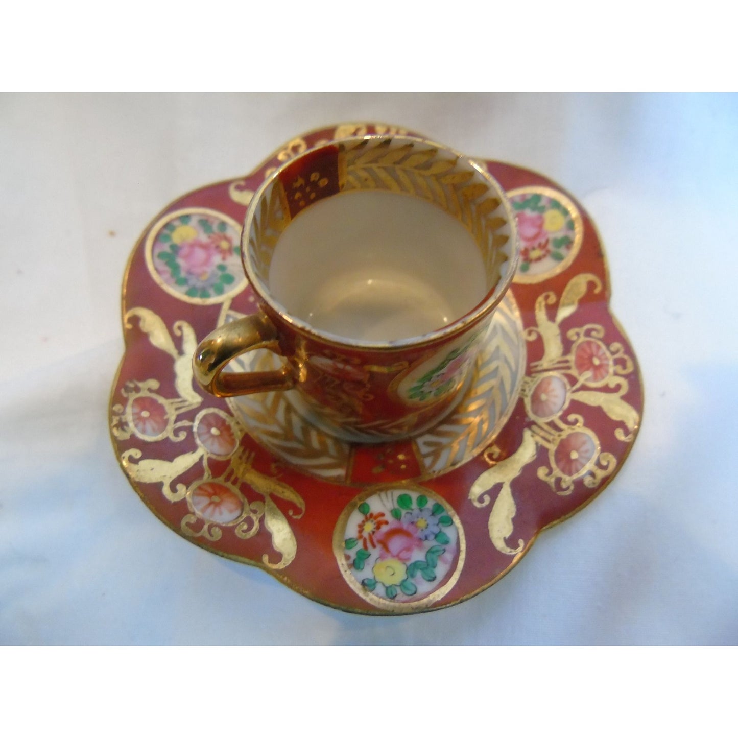 Vintage 1040's Hokutosha Mini Tea Cup & Saucer Orange Gold Floral Pattern Made in Occupied Japan