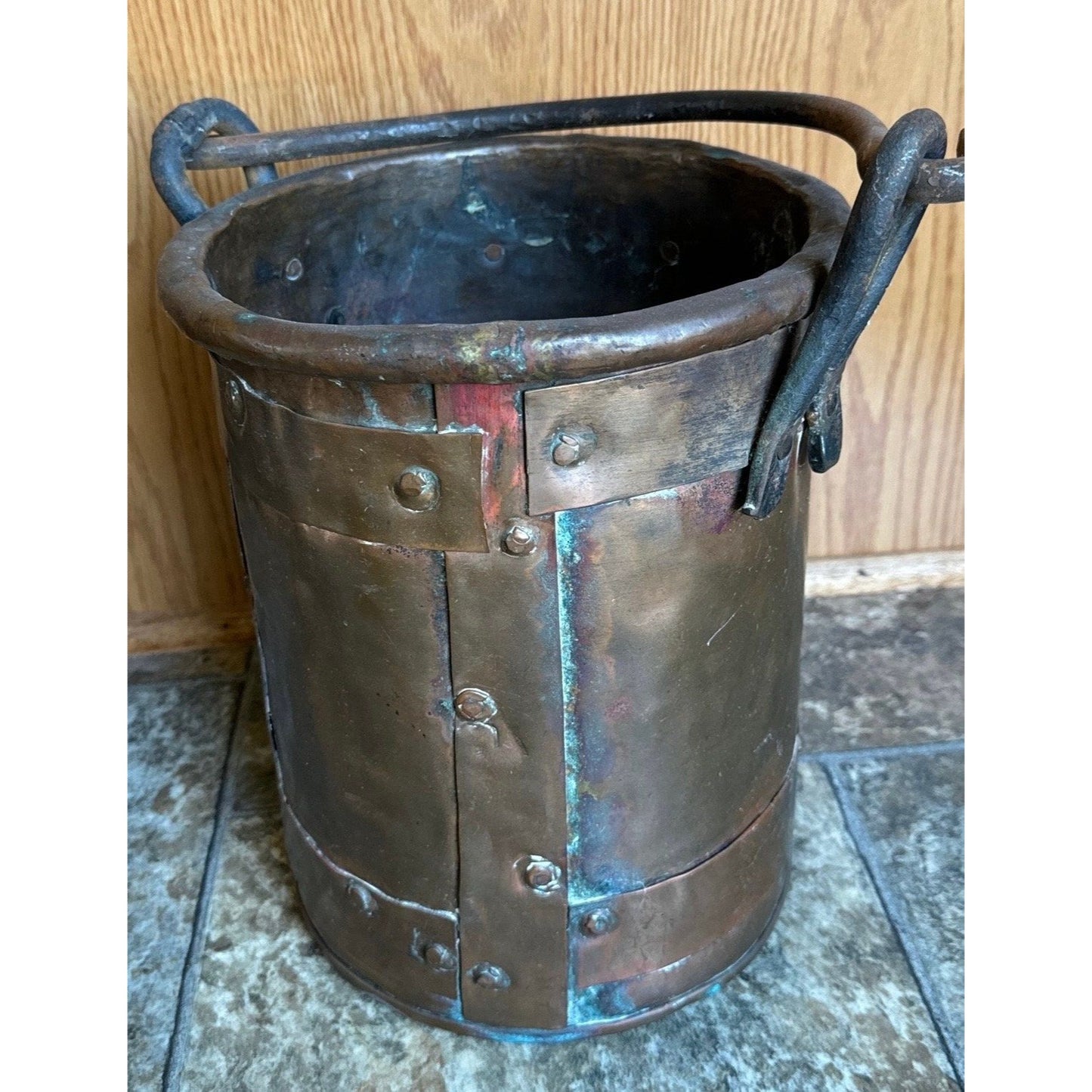 19th Century Copper Firewood Bucket Cauldron With Handle 11 1/4" Tall