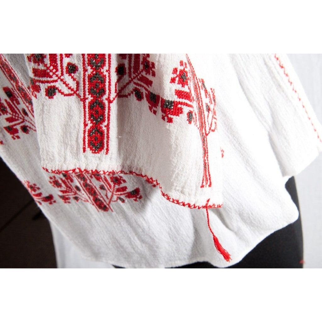 Vintage 1975  Women’s Handmade Romanian Embroidered Blouse Red Black White Cotton S