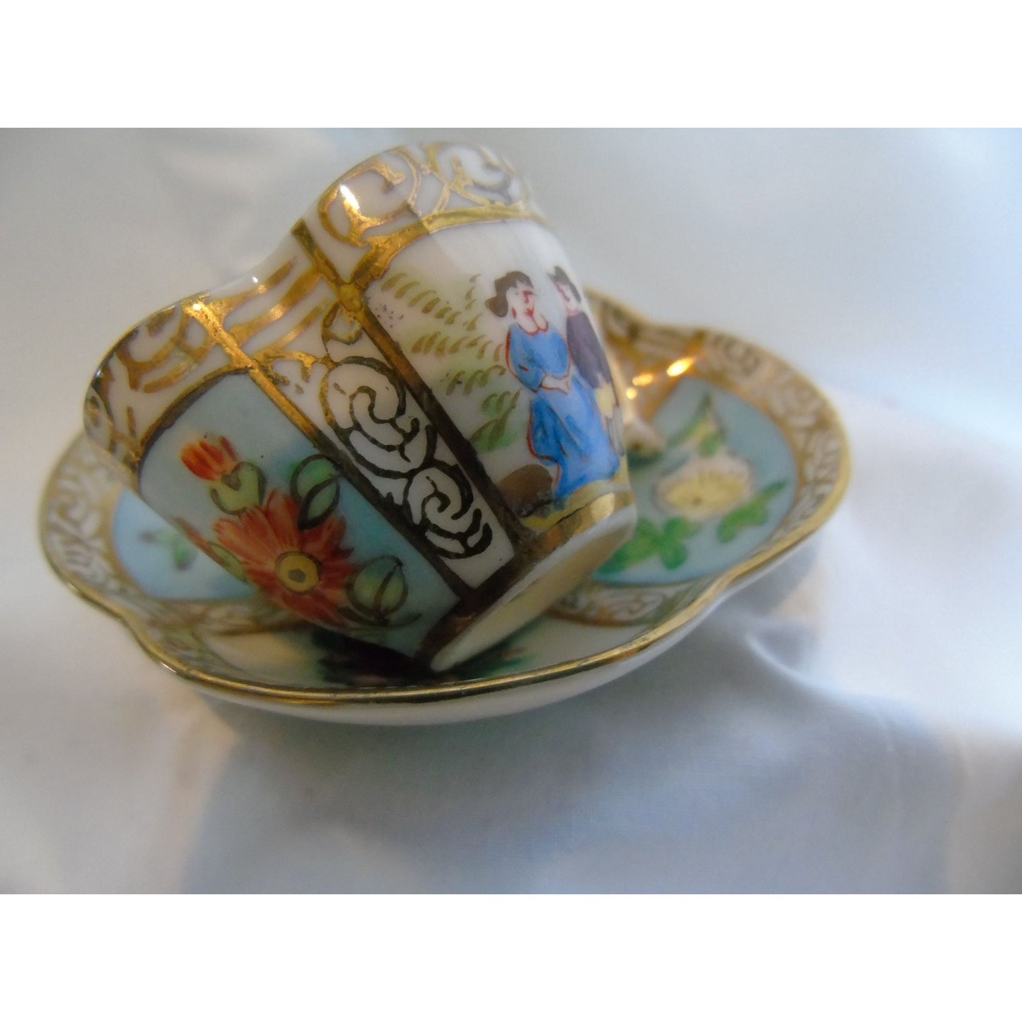 Vintage Dresden Style Hokutosha Occupied Japan Hand Painted Light Blue Courting Couple Cup & Saucer