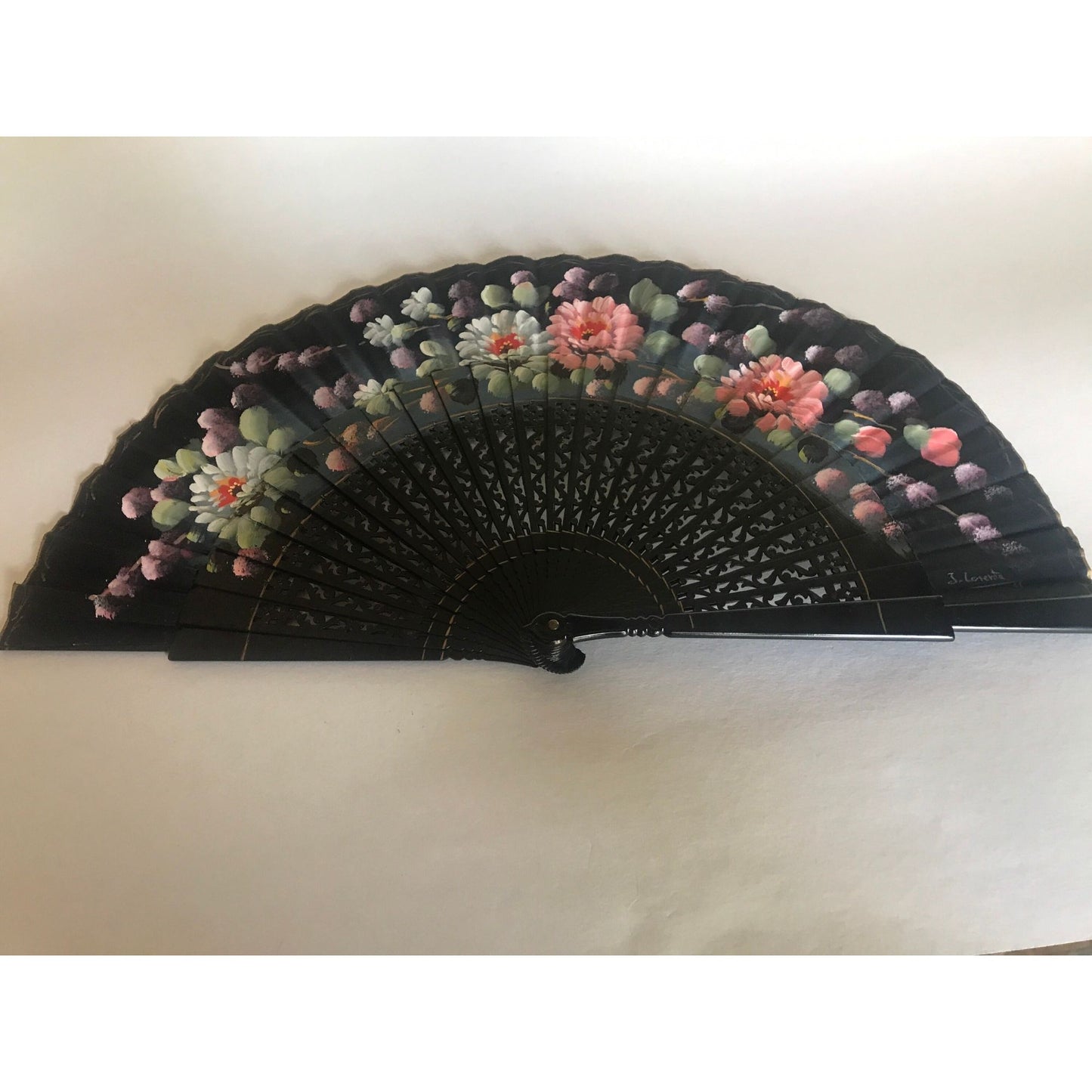 Vintage Hand Held Silk Paper Fan Signed By the Artist Black With Hand Painted Floral  In Oil Paint