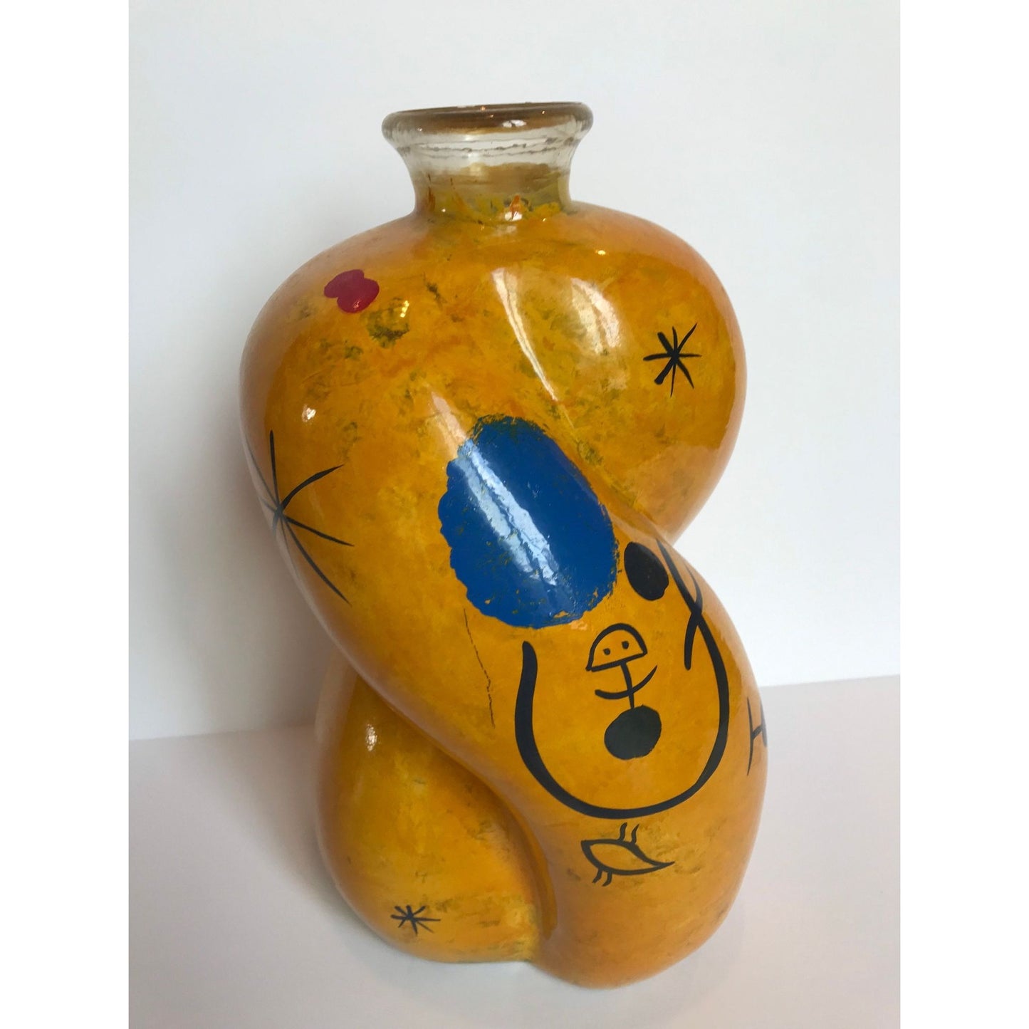 Vtg 1990's Large Hand Painted From The Inside Yellow Bulbous Vase Abstract Design Studio Art Glass