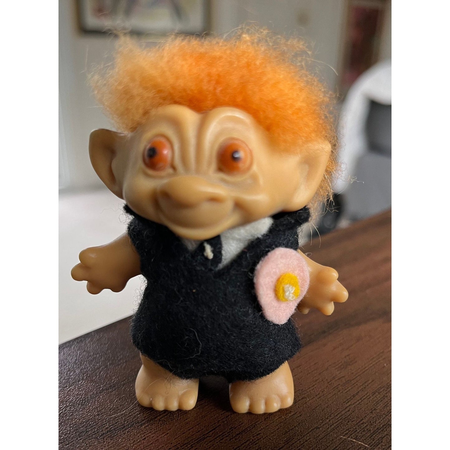 Vtg 1960's Rootie Tab Neck 3” Troll Doll with Short Orange Hair and Bulgy Orange Eyes Handmade Groom Of The Wedding