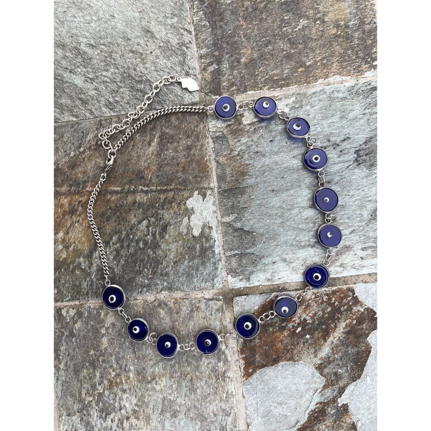 Vtg Bisou Bisou Glass Bead Evil Eye Necklace 18″ Adjustable Length 13 Beads Silver Tone Bisou Bisou Tag