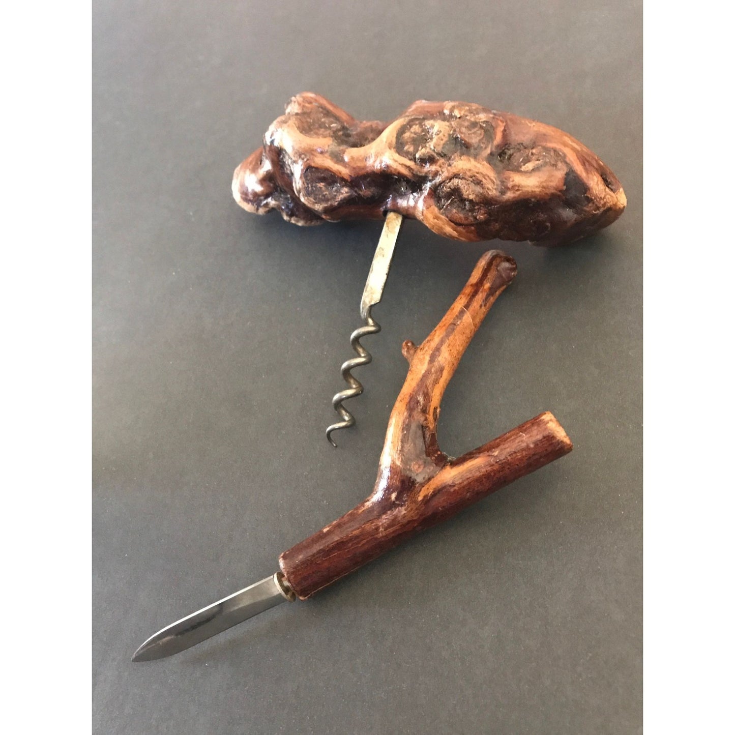 Vtg 1960's Grape Wood Handle Cork Screw & Wood Handle Wine Foil Knife Matching Eagle Grape Logo