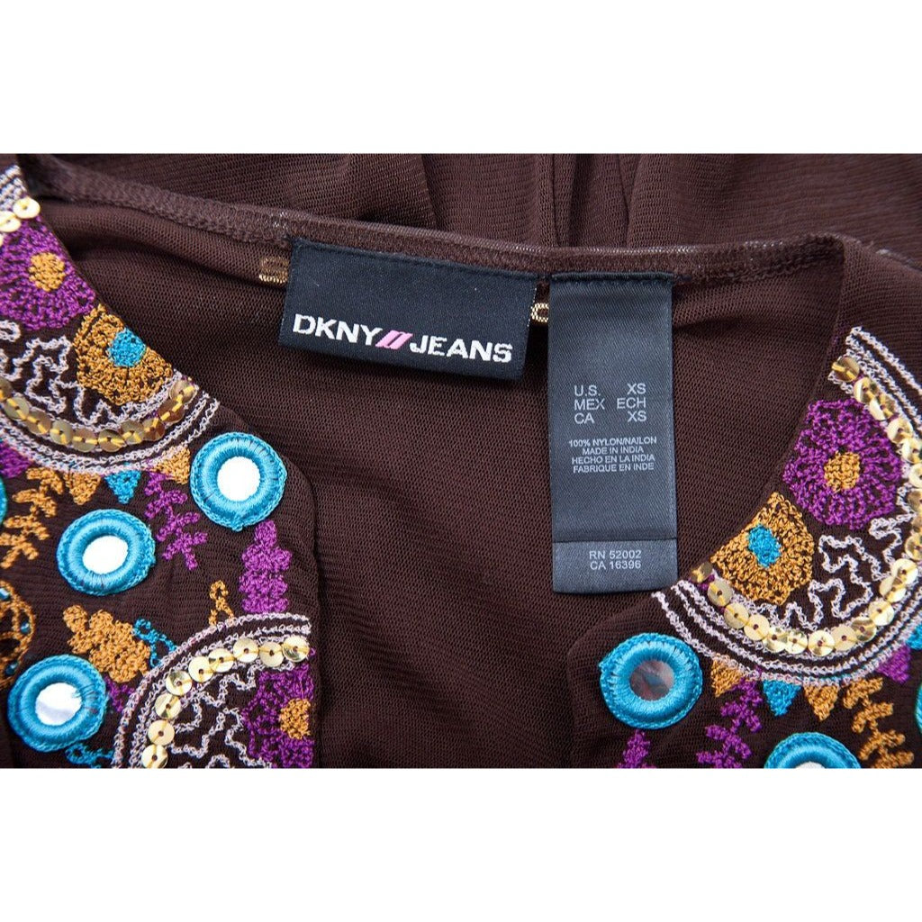 Vintage 1980's Women’s DKNY Sheer Blouse Jeans 100% Nylon Mirror Embroidered Brown XS India NWOT